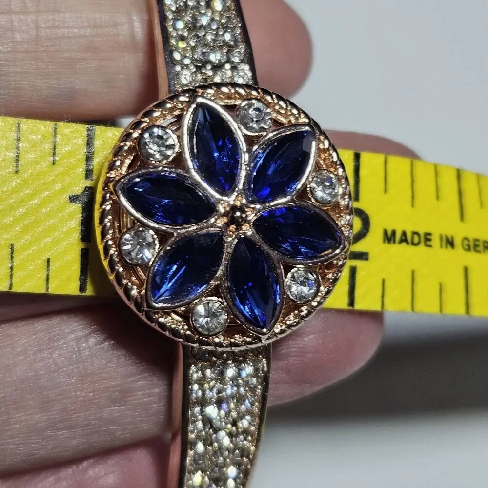 Rose Gold Snap Bracelet Blue And Clear Rhinestone Flower Approx 7